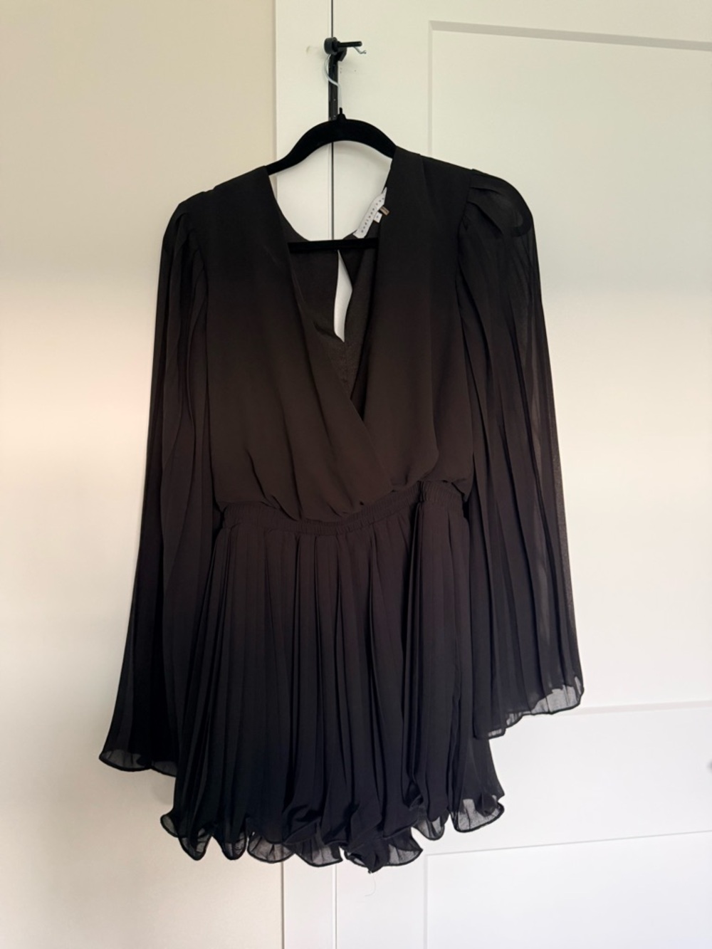 Vici Black Pleated Long-Sleeve Surplice Dress